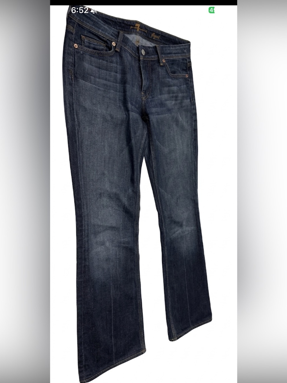 7 For All Mankind Women's Bootcut Jeans in Dark Blue Wash. Low rise.